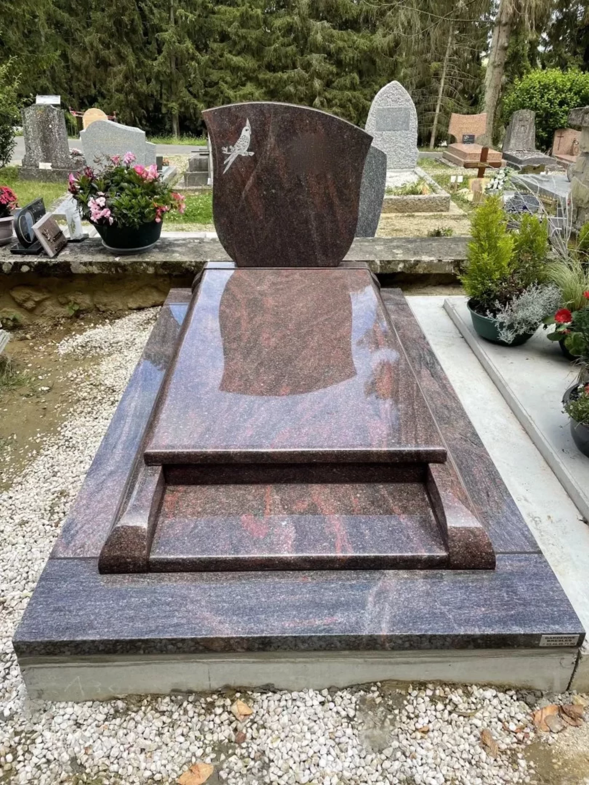 Sépulture en granit rose avec stèle galbée gravée d'une colombe.
