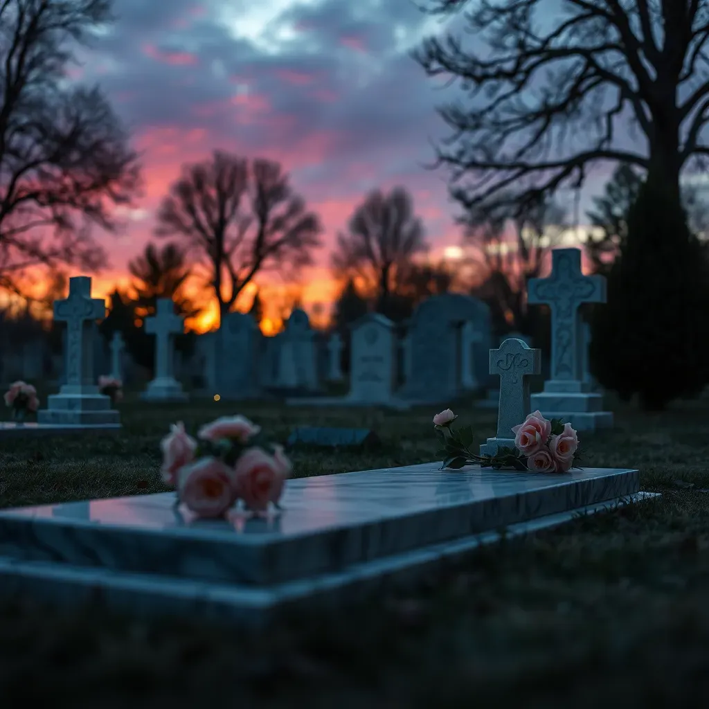 Cimetière au crépuscule avec tombes, croix et bouquets de roses roses.